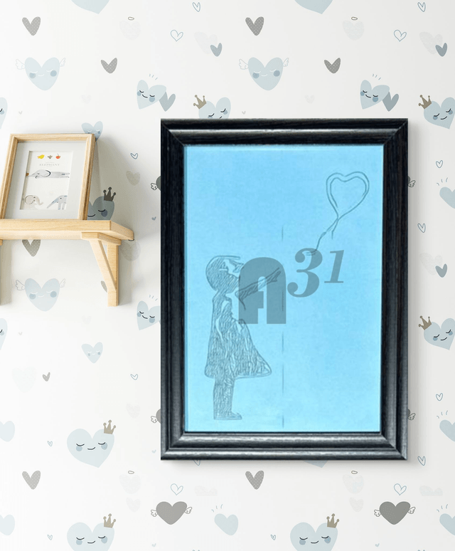 507. Pale blue Girl with Balloon Print- Framed.
