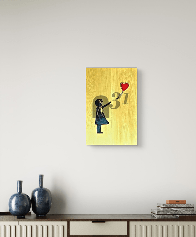 503. Girl  with the Red Balloon- on Cedar- Original 