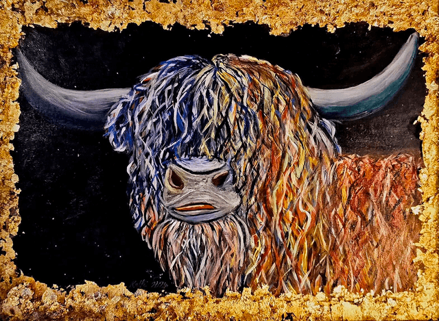 373. Highland Cow Abstract & gold leaf Print 