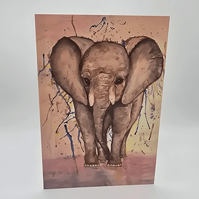 689. Greetings card . Elephant coloured rain